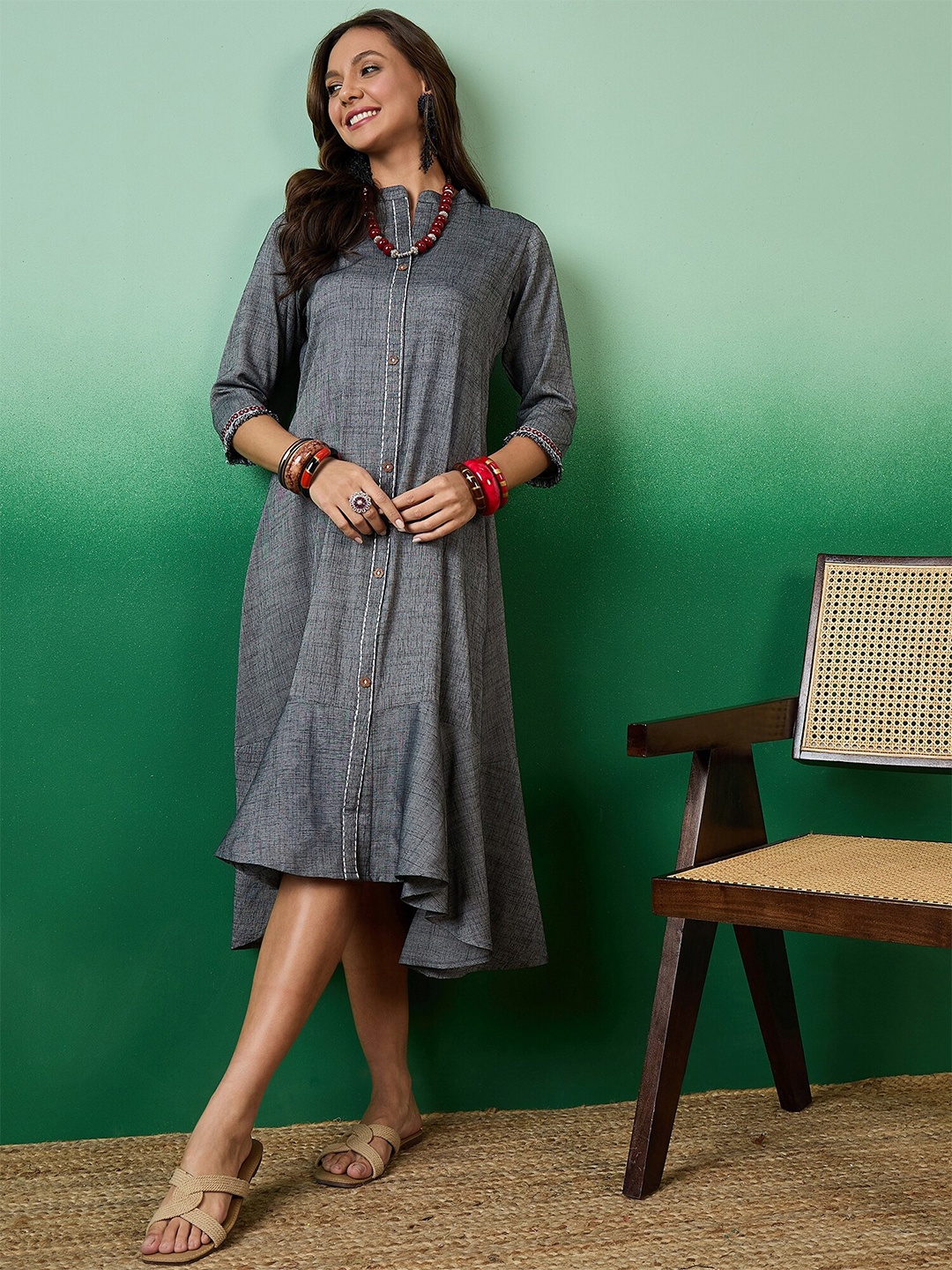 

Sangria Asymmetric Cotton Midi Ethnic Dress, Grey melange