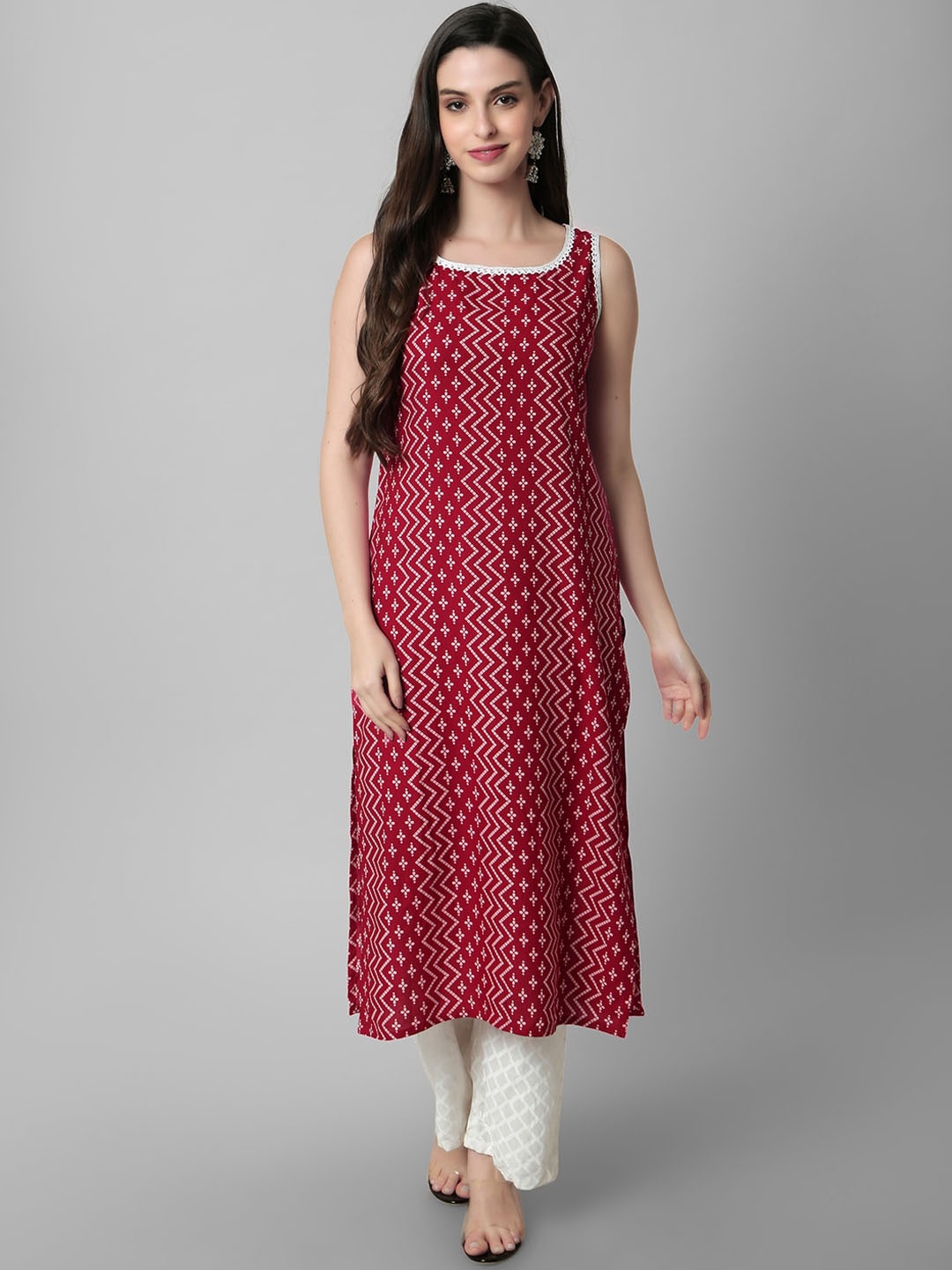 

Amayra Women Ethnic Motif Printed Sleeveless Straight Kurta, Red