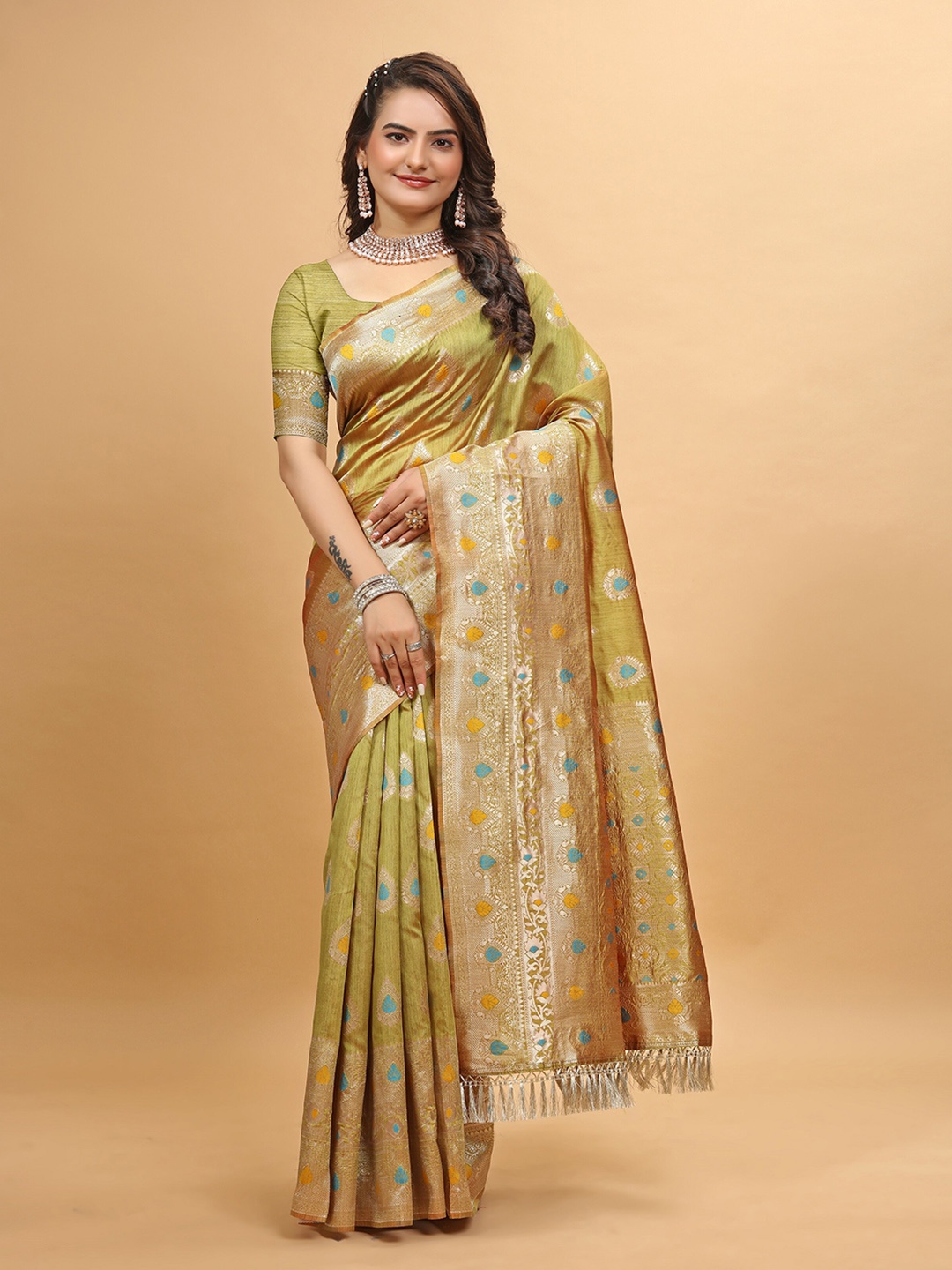 

Aagiri Ethnic Motifs Woven Design Zari Art Silk Banarasi Saree, Olive