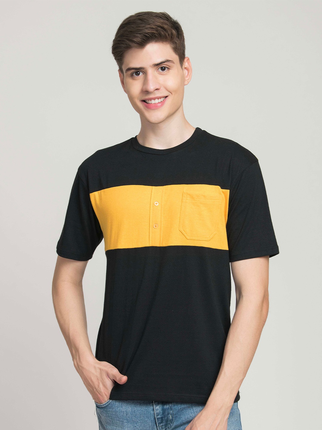 

STYLOGUE Colourblocked Round Neck T-shirt, Black