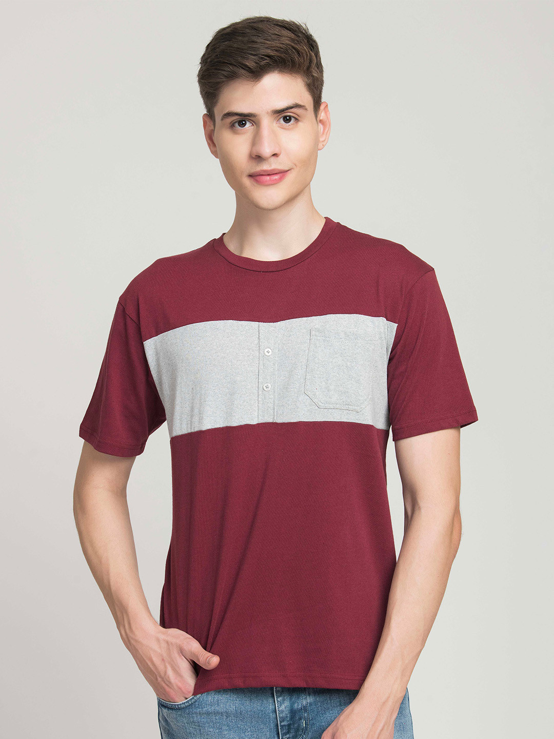 

STYLOGUE Colourblocked Round Neck T-shirt, Maroon