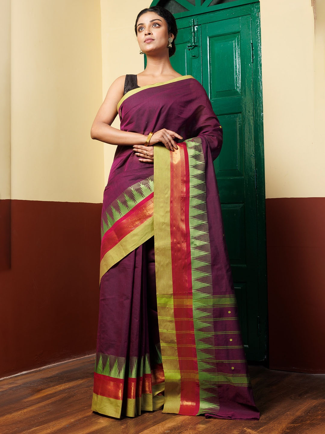 

Unnati Silks Zari Pure Cotton Handloom Kanjeevaram Saree, Purple