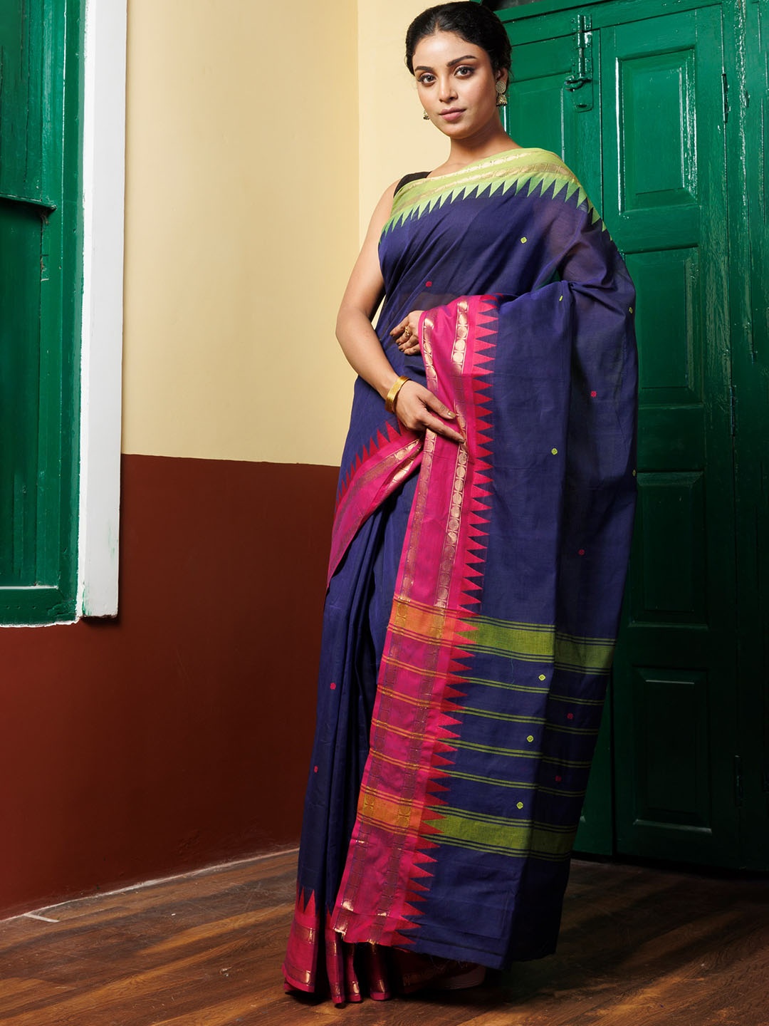 

Unnati Silks Ethnic Motifs Woven Design Zari Pure Cotton Kanjeevaram Saree, Navy blue