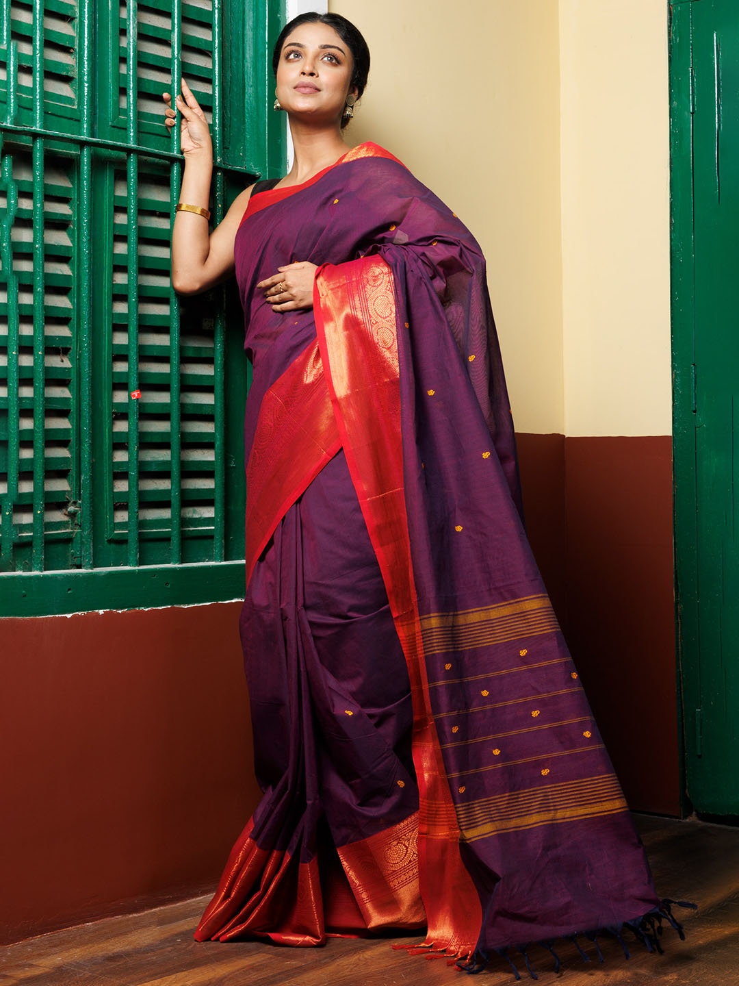 

Unnati Silks Zari Pure Cotton Handloom Kanjeevaram Saree, Purple