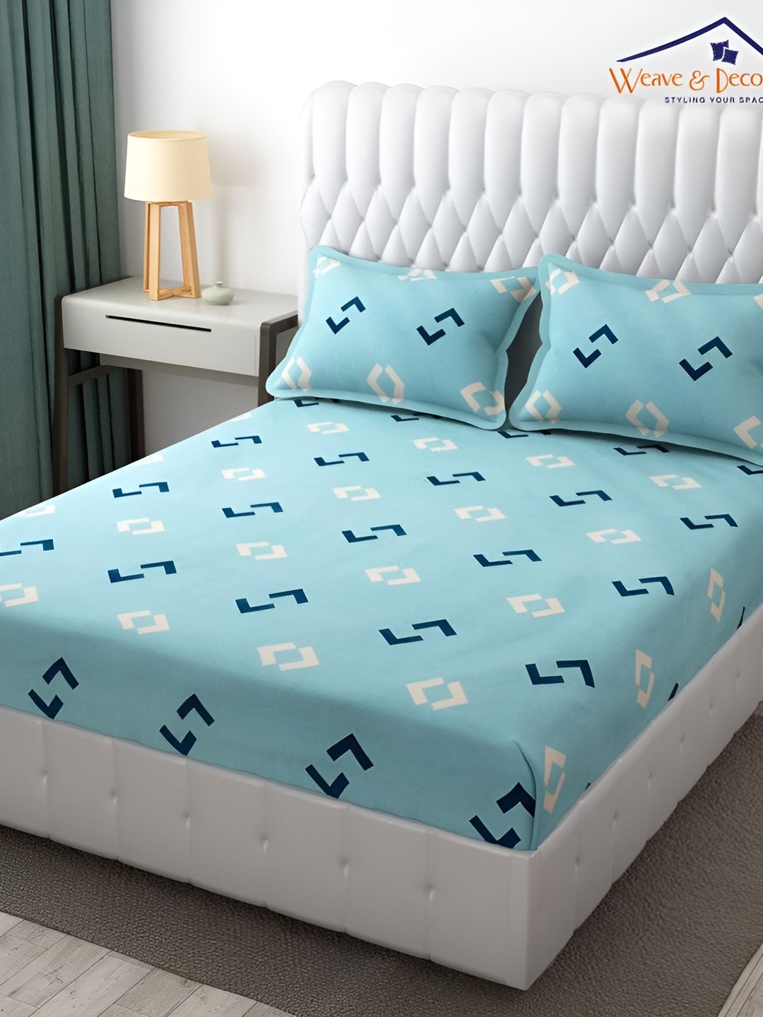 

Innovative Edge Sea Green Geometric 160 TC Cotton Fitted King Bedsheet & 2 Pillow Covers