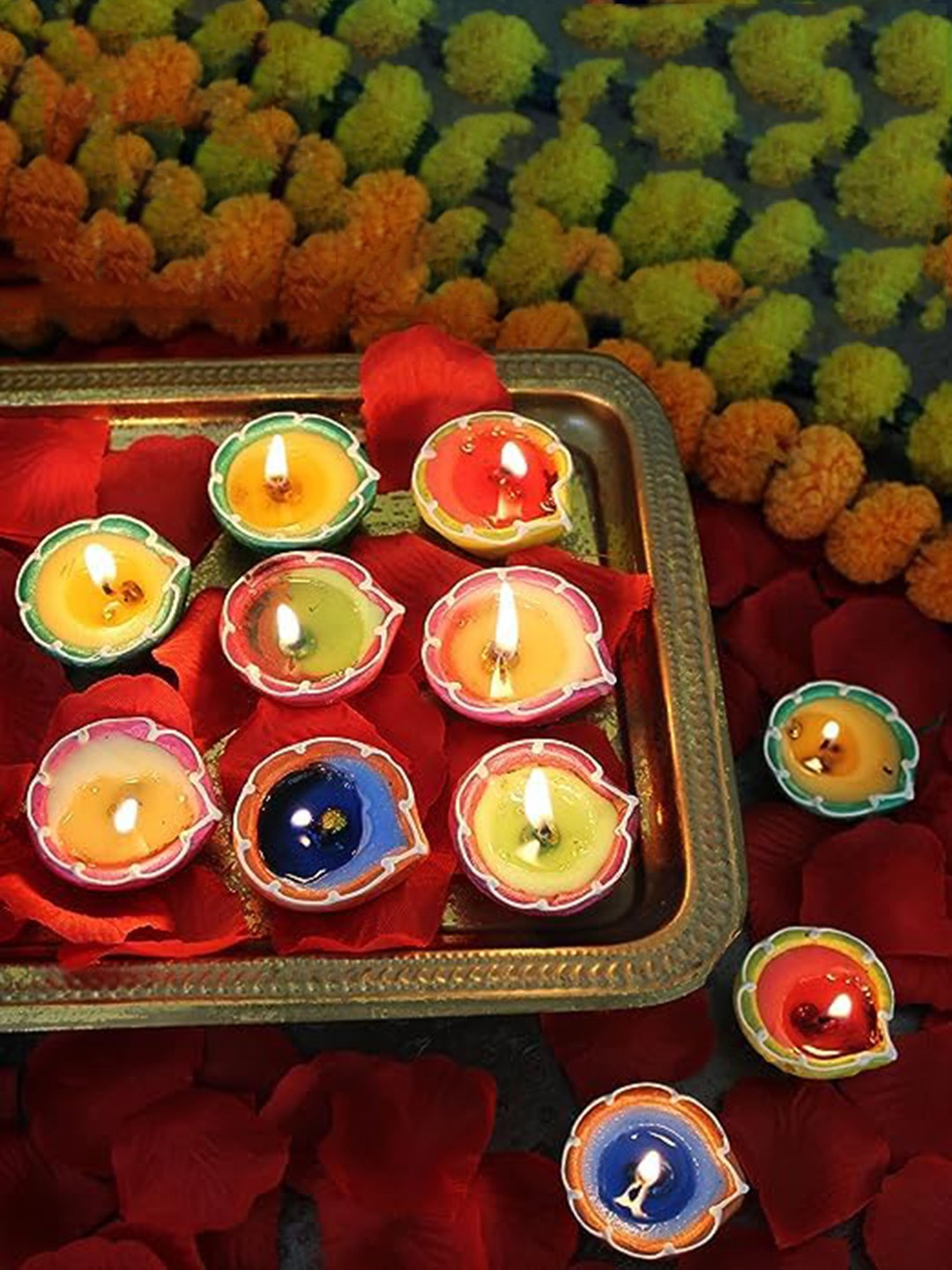

PUFFSMART Pink & Green 10 Pieces Printed Terracotta Matki Diya Candles