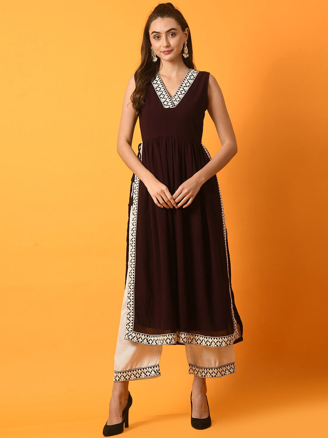 Myshka V-Neck Thread Work Pleated Georgette A-Line Kurta with Palazzos, Coffee brown