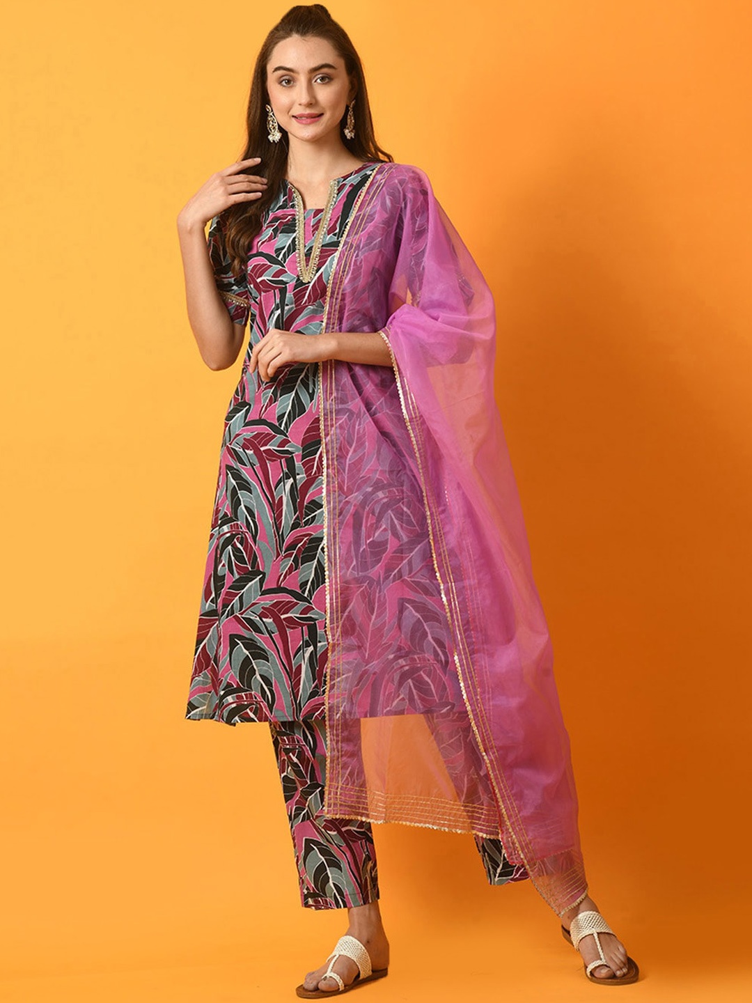 

Myshka Floral Printed Regular Gotta Patti Pure Cotton Kurta with Trousers & Dupatta, Grey