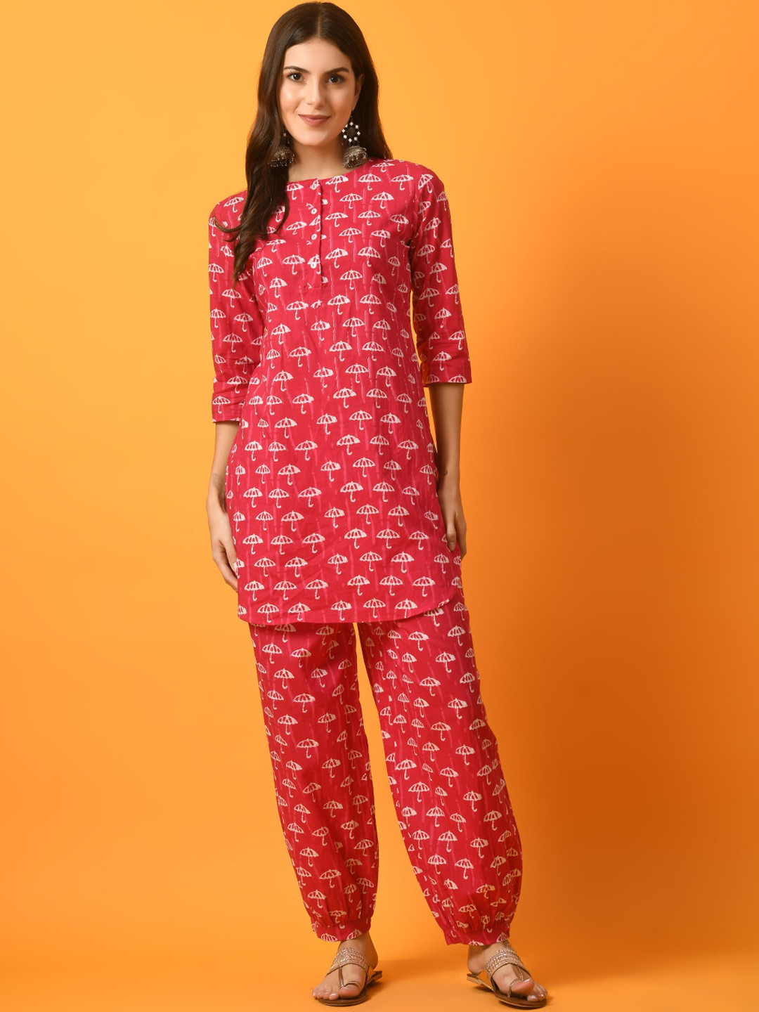 

Myshka Conversational Printed Pure Cotton Tunic With Trousers, Pink