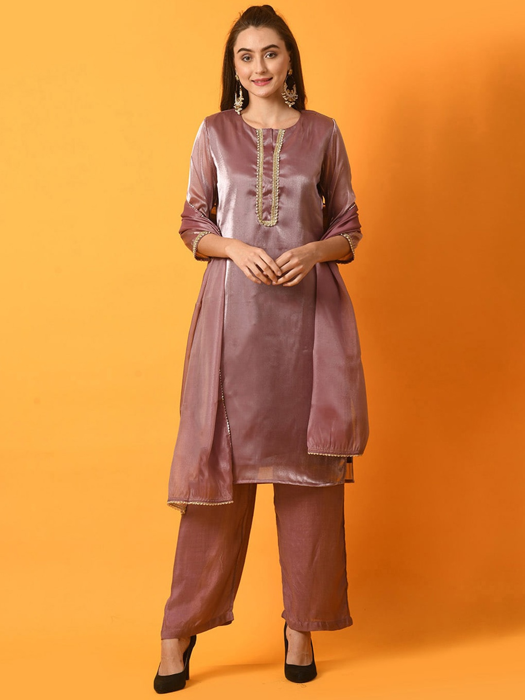 

Myshka Straight Regular Beads and Stones Tissue Kurta with Palazzos & Dupatta, Brown