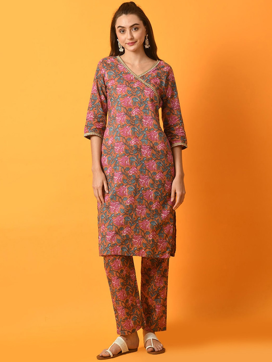 

Myshka Ethnic Motifs Printed Pure Cotton Kurta with Trousers, Rust