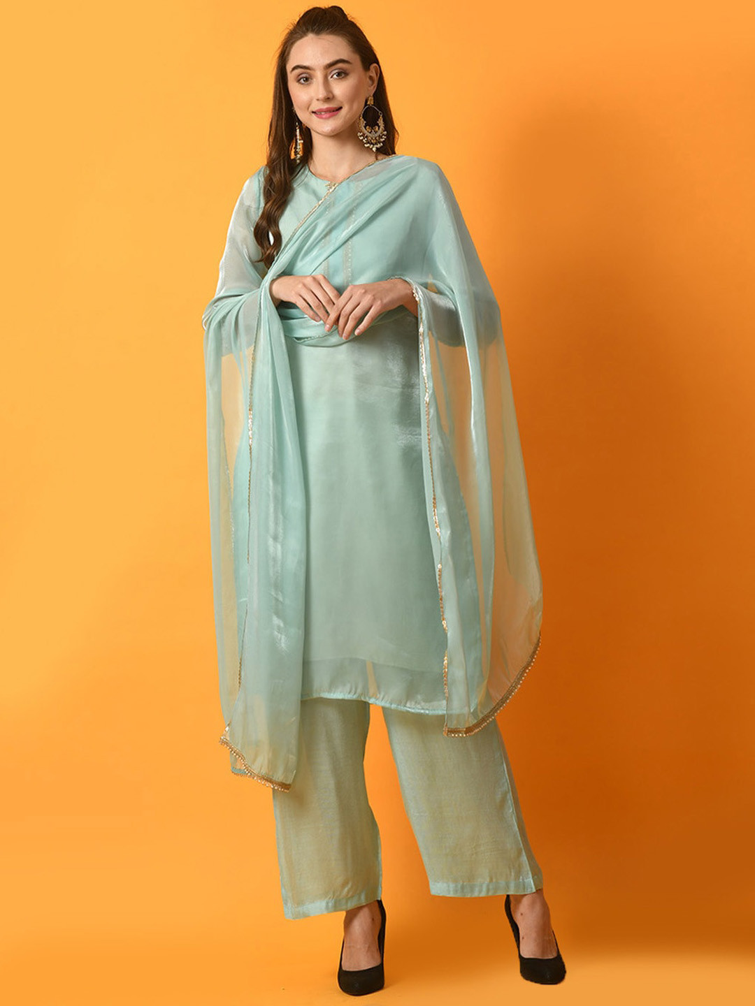 

Myshka Thread Work Sleeveless Kurta with Palazzos & With Dupatta, Sea green