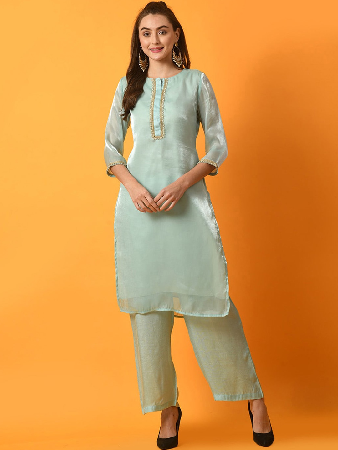 

Myshka Straight Regular Tissue Kurta with Palazzos, Sea green