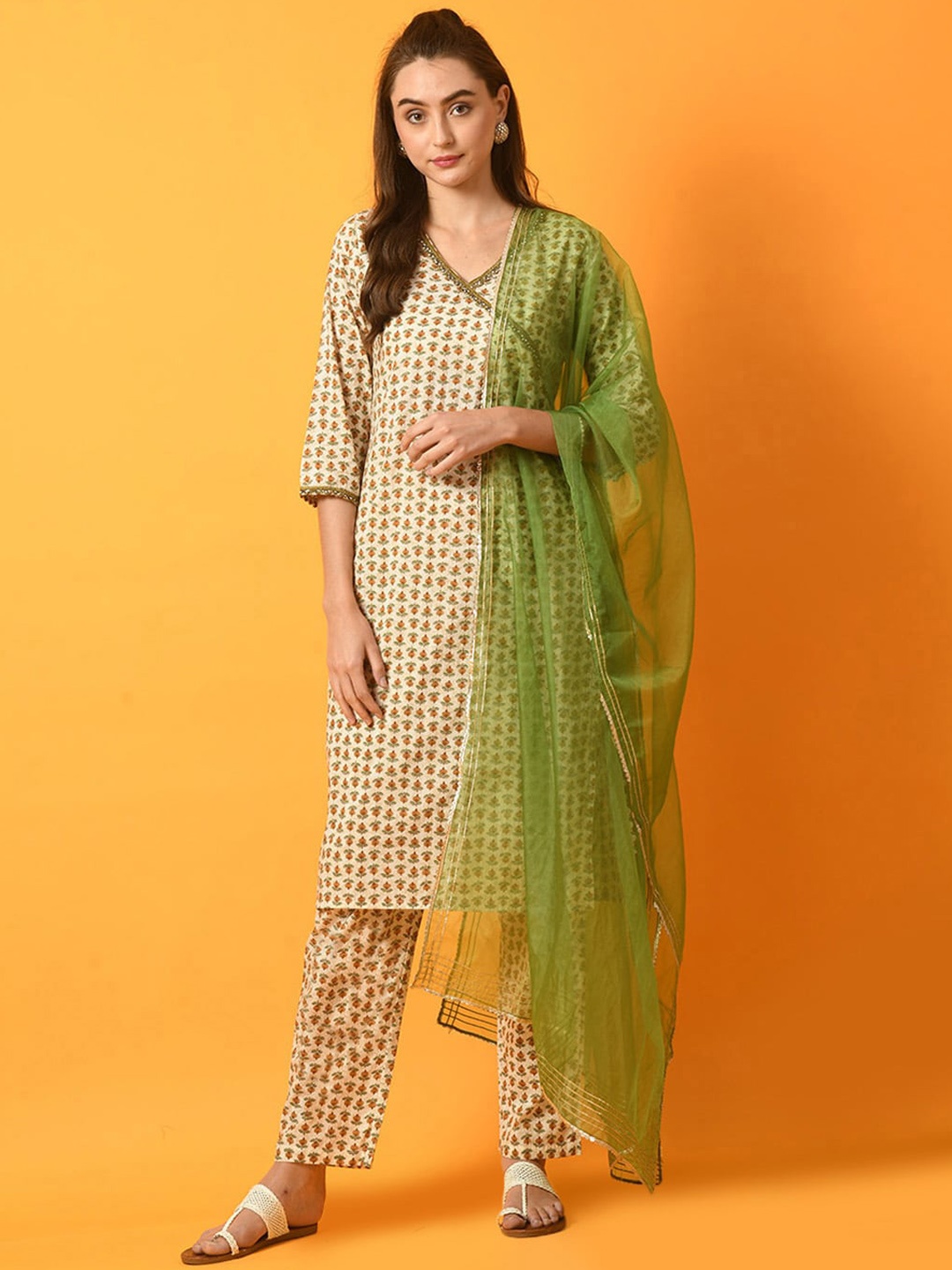 

Myshka Floral Printed Angrakha Gotta Patti Pure Cotton Kurta with Trousers & Dupatta, Cream