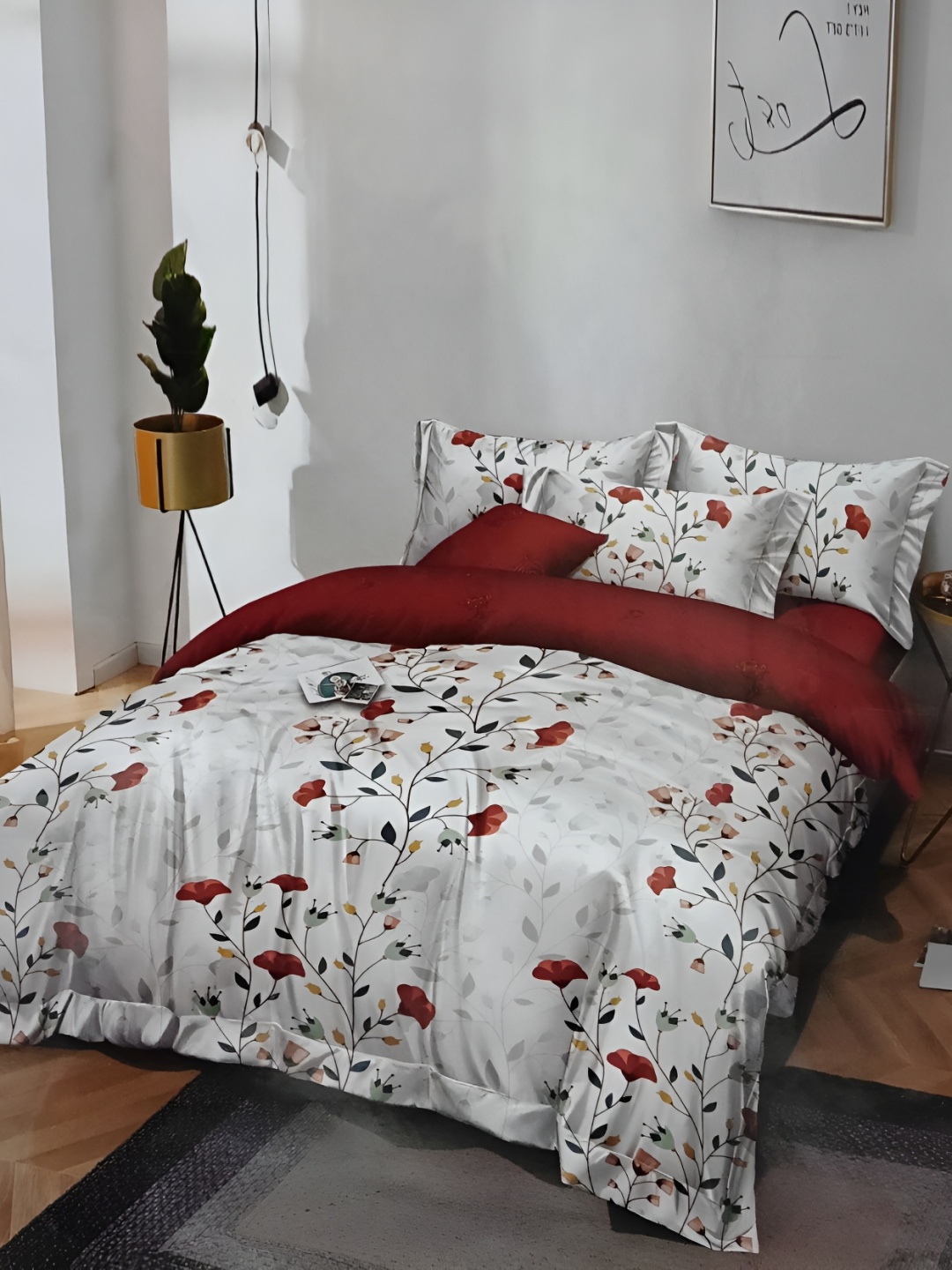 

Signature White & Red Floral 160 TC King Bedsheet with 2 Pillow Covers