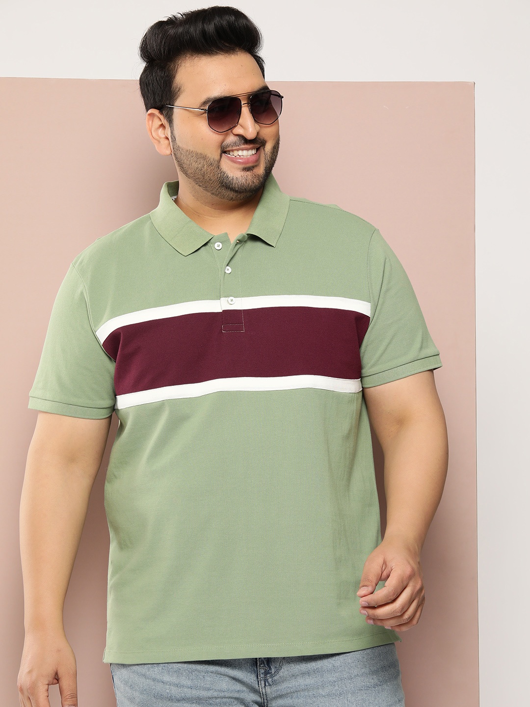 

Sztori Men Striped Polo Collar Bio Finish Pure Cotton Golf T-shirt, Green