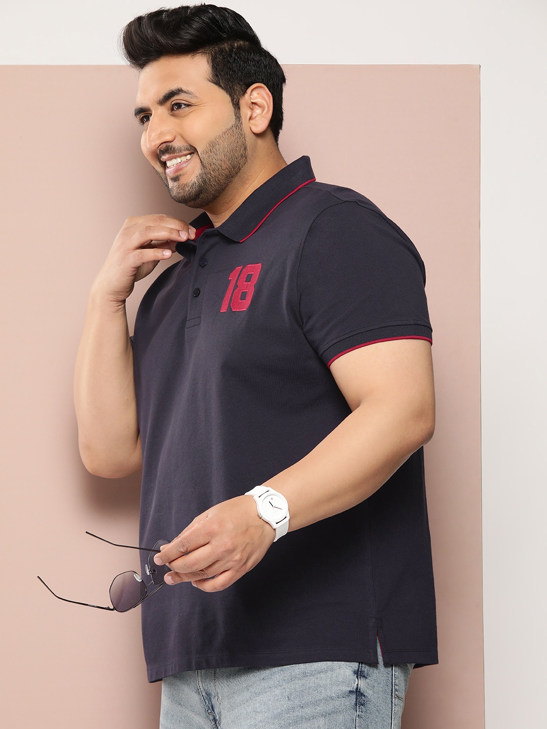 

Sztori Men Plus Size Polo Collar Bio Finish Pure Cotton T-shirt, Navy blue