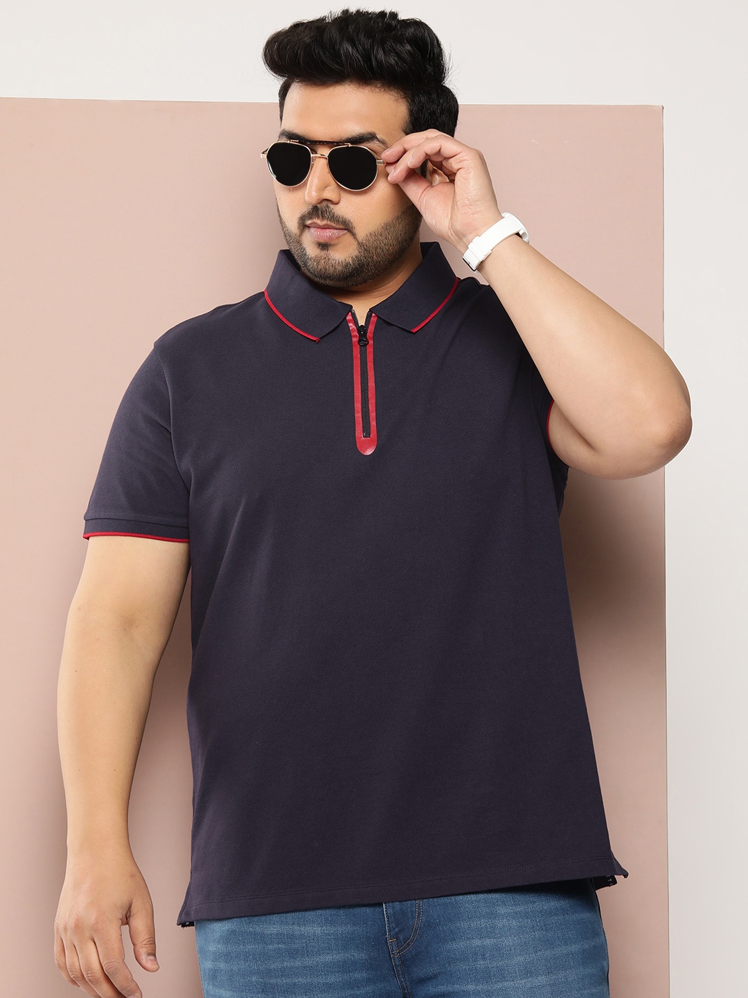 

Sztori Men Plus Size Polo Collar Bio Finish Pure Cotton T-shirt, Navy blue