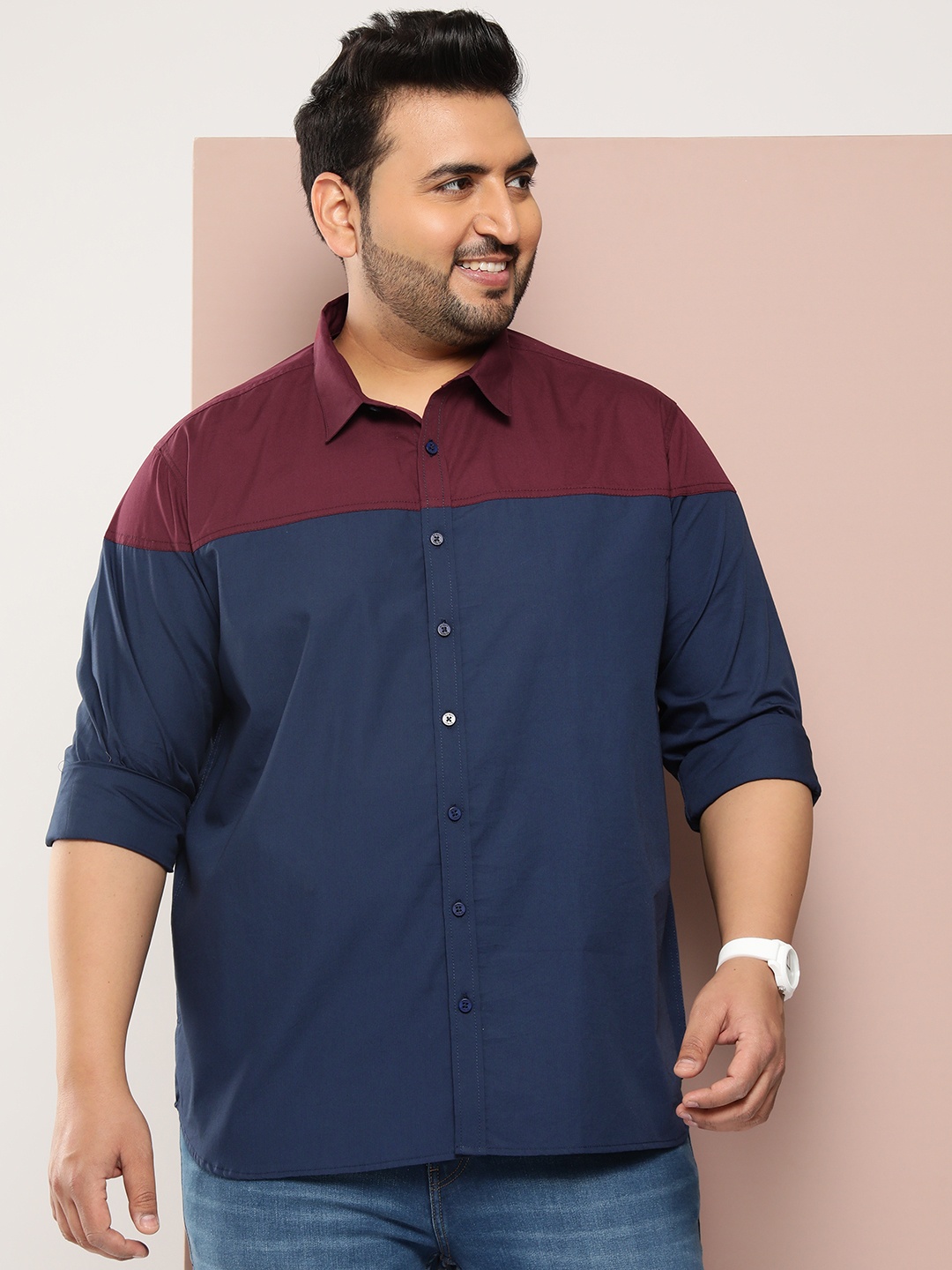 

Sztori Plus Size Men Classic Colourblocked Pure Cotton Shirt, Navy blue
