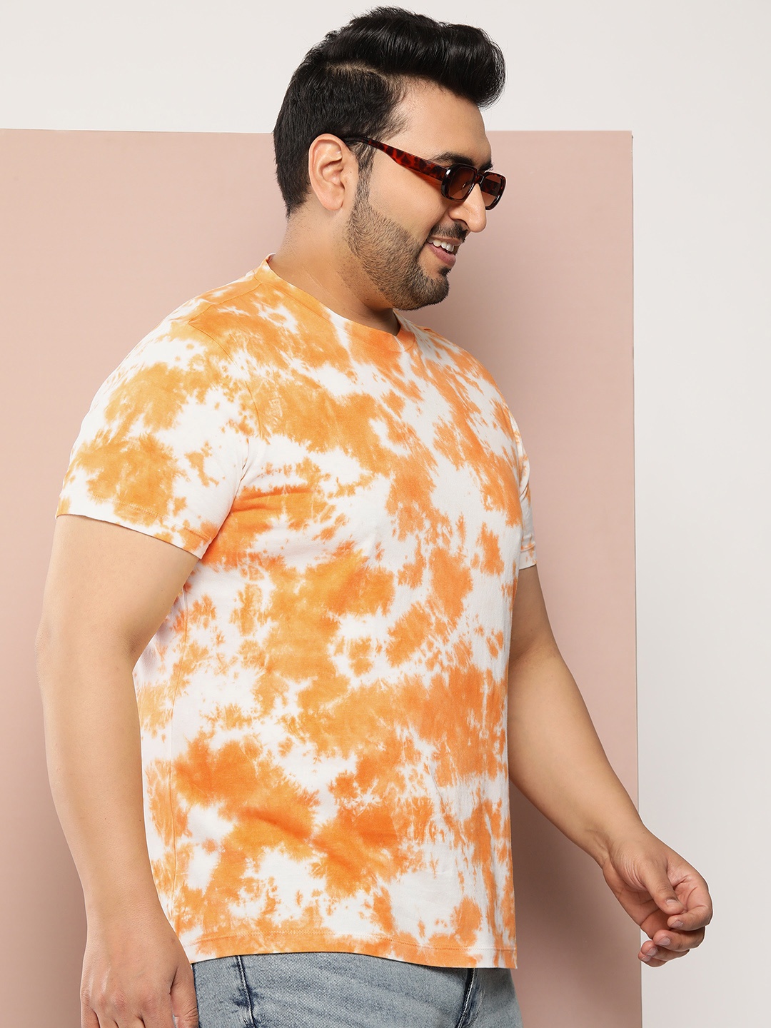 

Sztori Men Plus Size Tie & Dye Printed Pure Cotton Bio Finish T-shirt, Orange