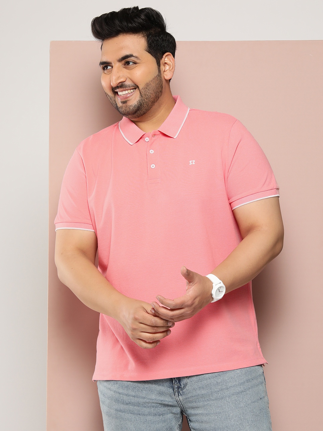 

Sztori Men Plus Size Polo Collar Bio Finish Pure Cotton T-shirt, Pink