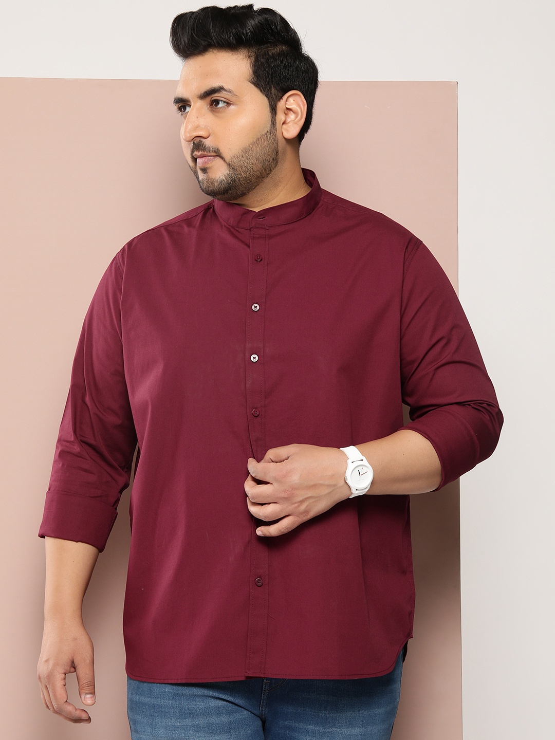 

Sztori Plus Size Men Classic Mandarin Collar Pure Cotton Casual Shirt, Maroon