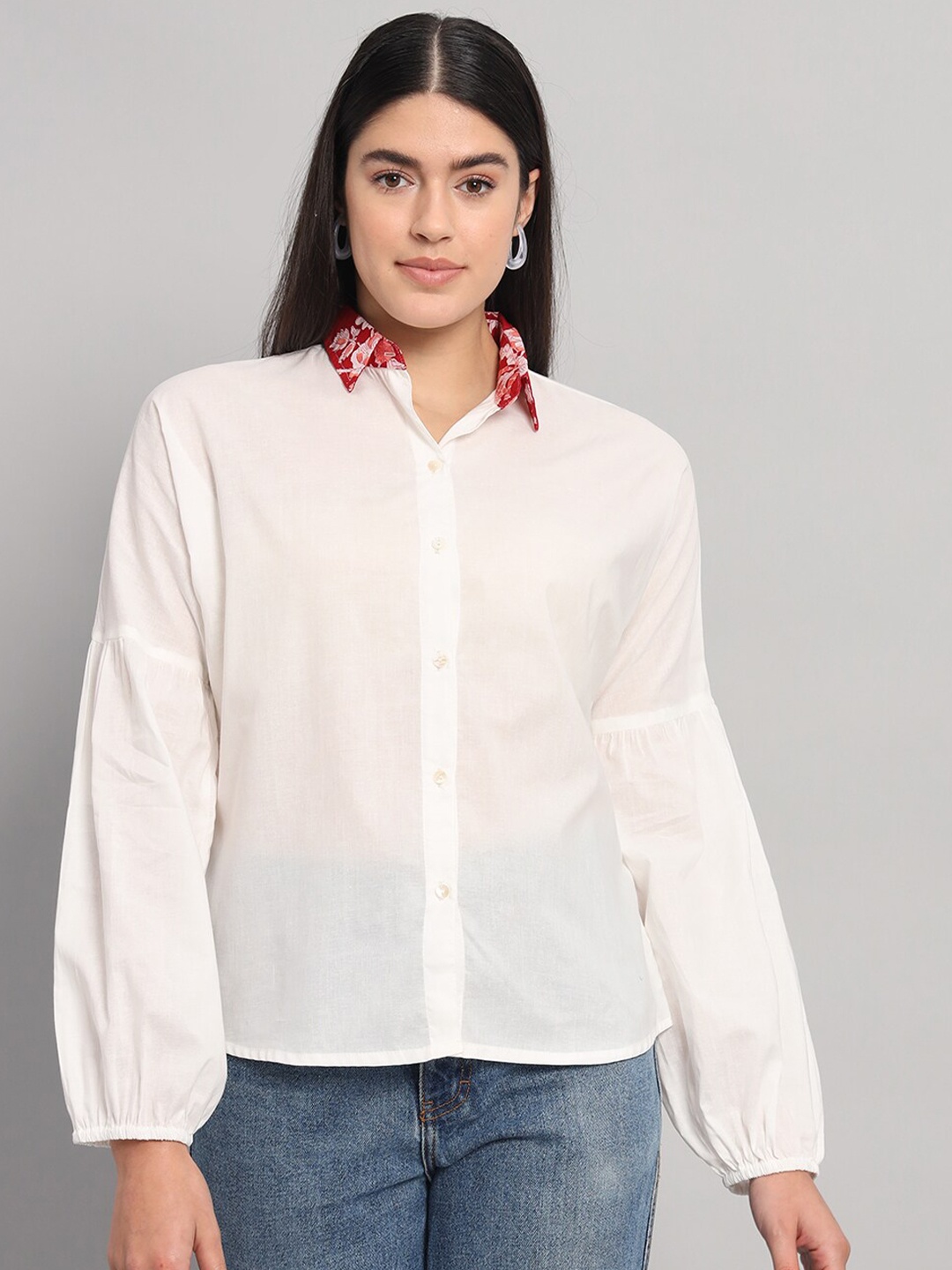 

HANDICRAFT PALACE Printed Spread Collar Cotton Casual Shirt, Red