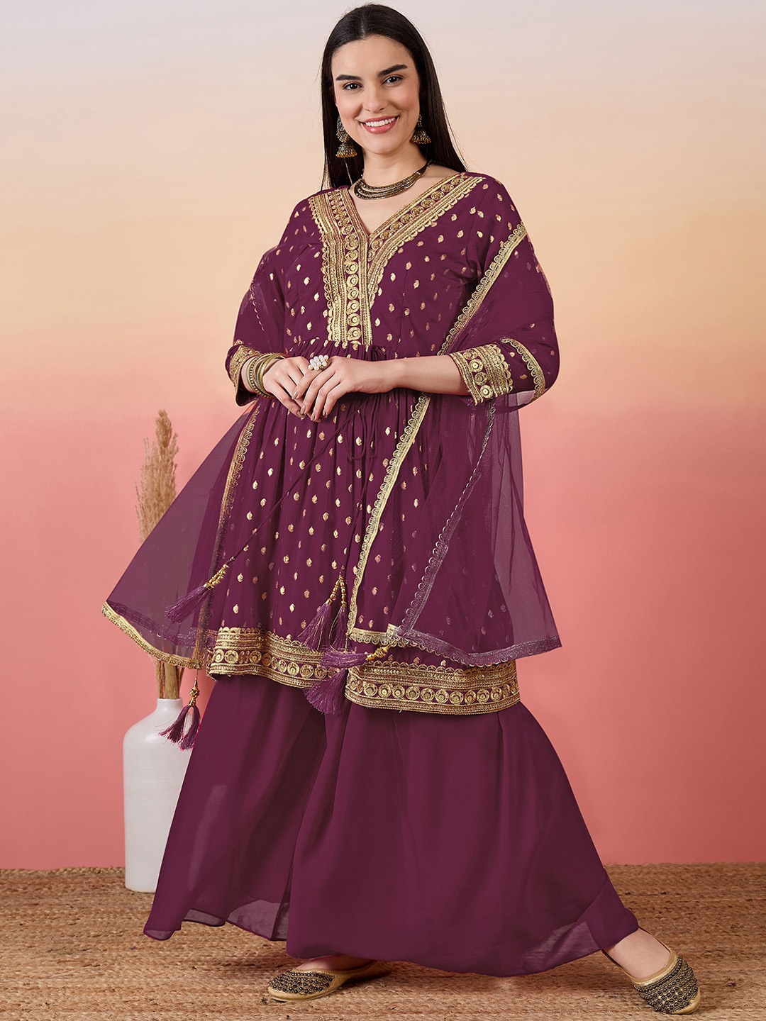 

KALINI Ethnic Motifs Embroidered Sequinned Pure Cotton Kurta With Sharara & Dupatta, Burgundy