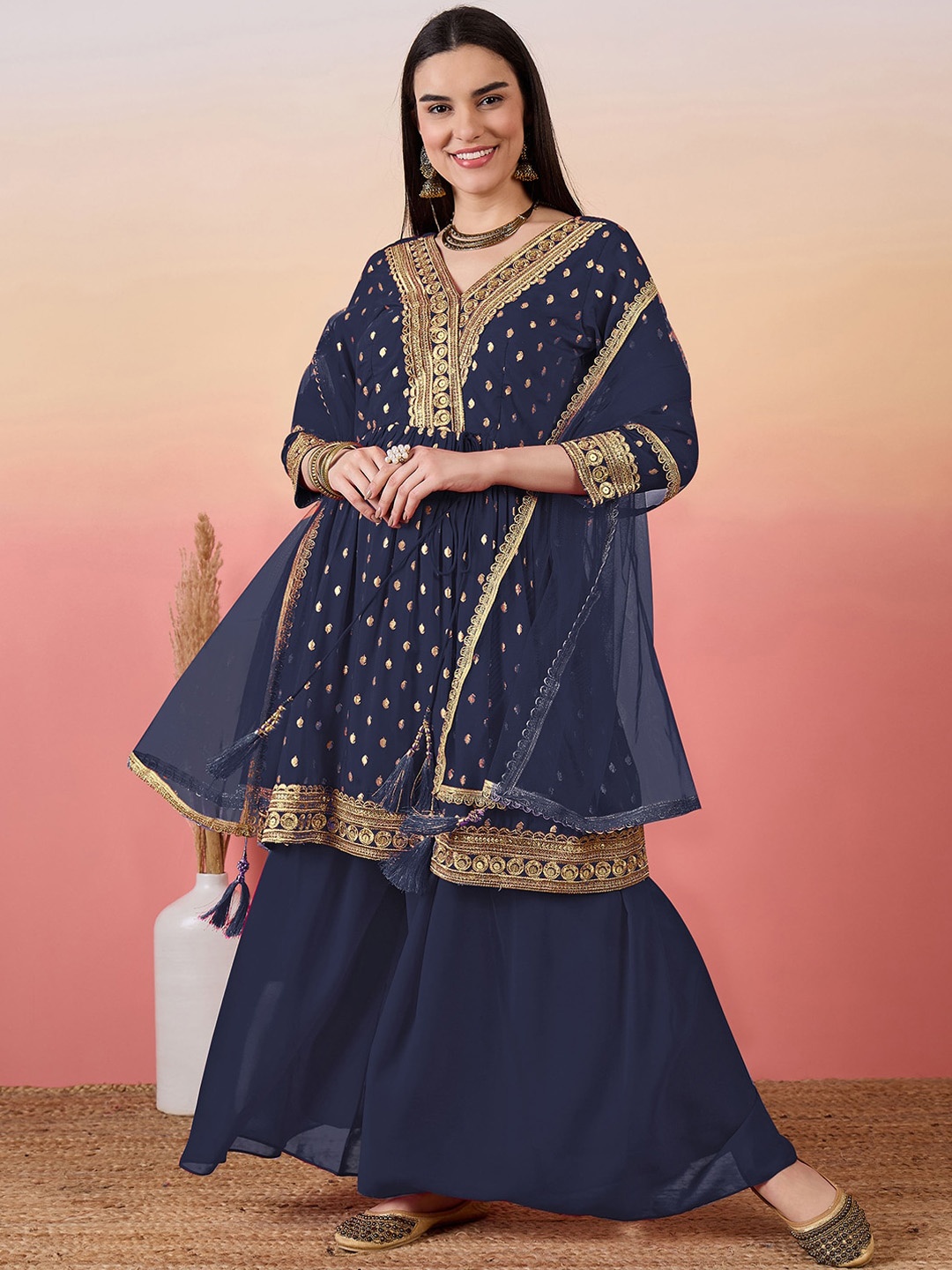 

KALINI Ethnic Motifs Embroidered Straight Pure Cotton Kurta With Palazzos & Dupatta, Navy blue