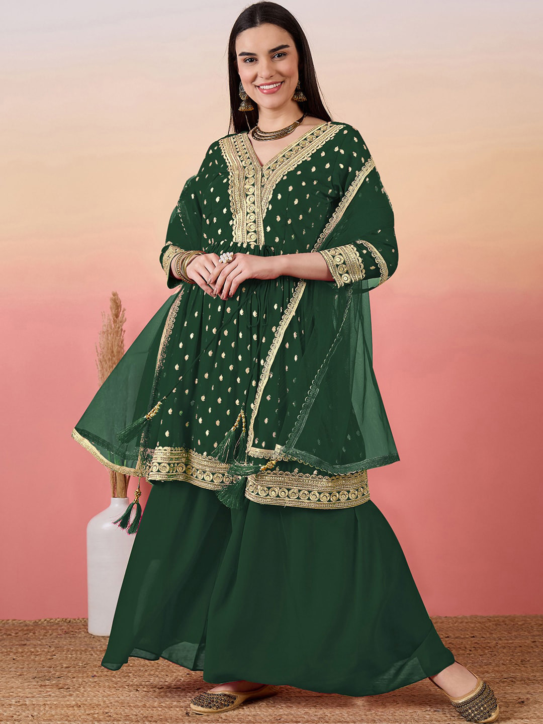 

KALINI Floral Embroidered Sequinned Pure Cotton Kurta With Sharara & Dupatta, Green