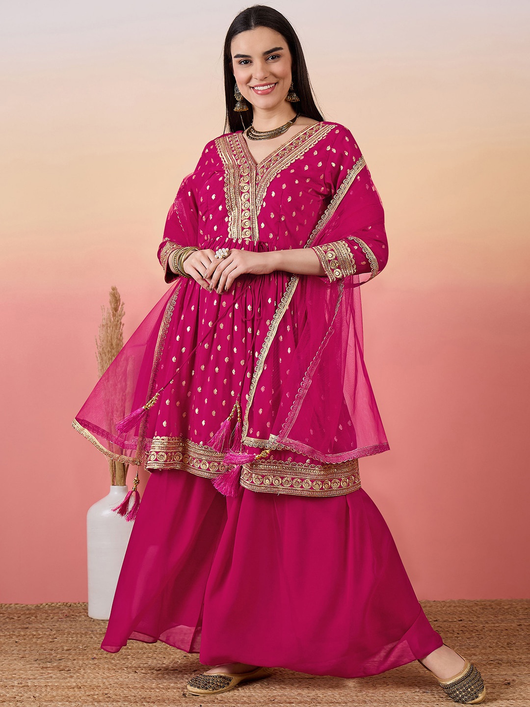 

KALINI Ethnic Motifs Embroidered Empire Pure Cotton Kurta With Palazzos & Dupatta, Pink
