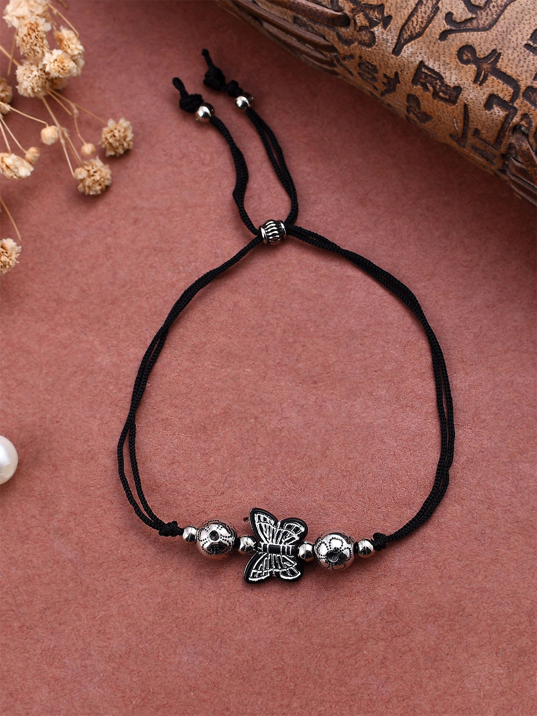 

Silvermerc Designs Oxidised Silver-Plated Butterflies Beaded Threaded Anklet