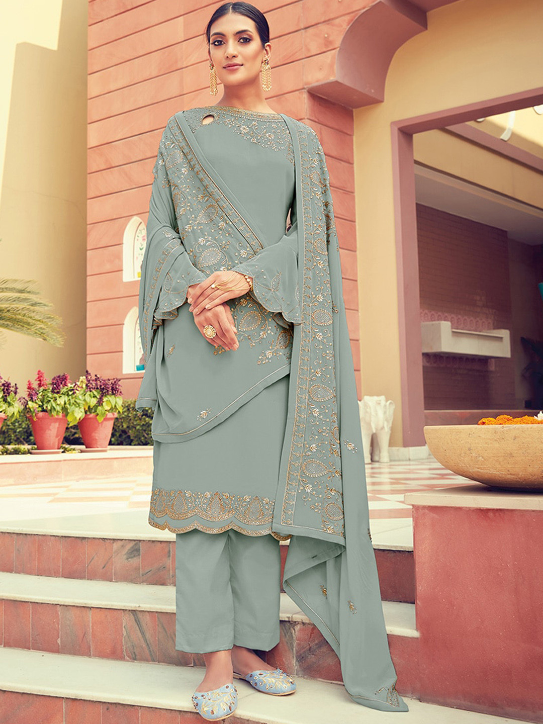 

KALINI Ethnic Embroidered Regular Thread Work Silk Georgette Kurta with Trousers & Dupatta, Grey
