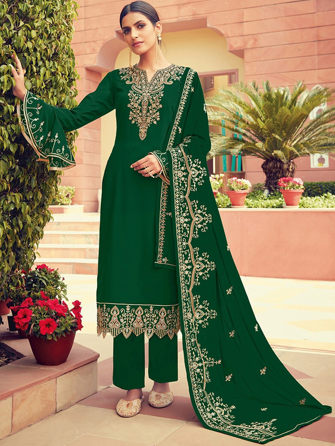 

KALINI Floral Embroidered Silk Georgette Kurta with Trousers & Dupatta, Green