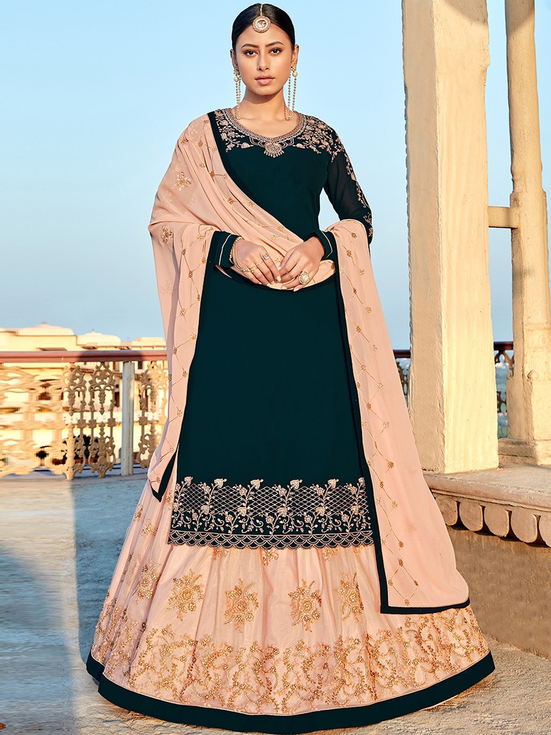 

KALINI Floral Embroidered Regular Silk Georgette Kurta with Skirt & Dupatta, Navy blue
