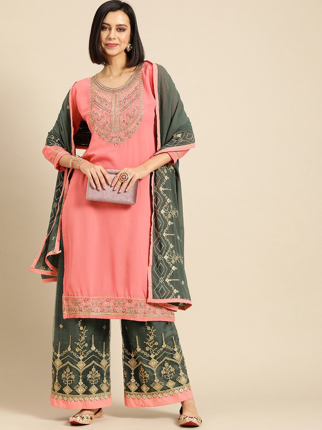 

KALINI Ethnic Motifs Embroidered Zari Silk Georgette Kurta with Palazzos & Dupatta, Pink
