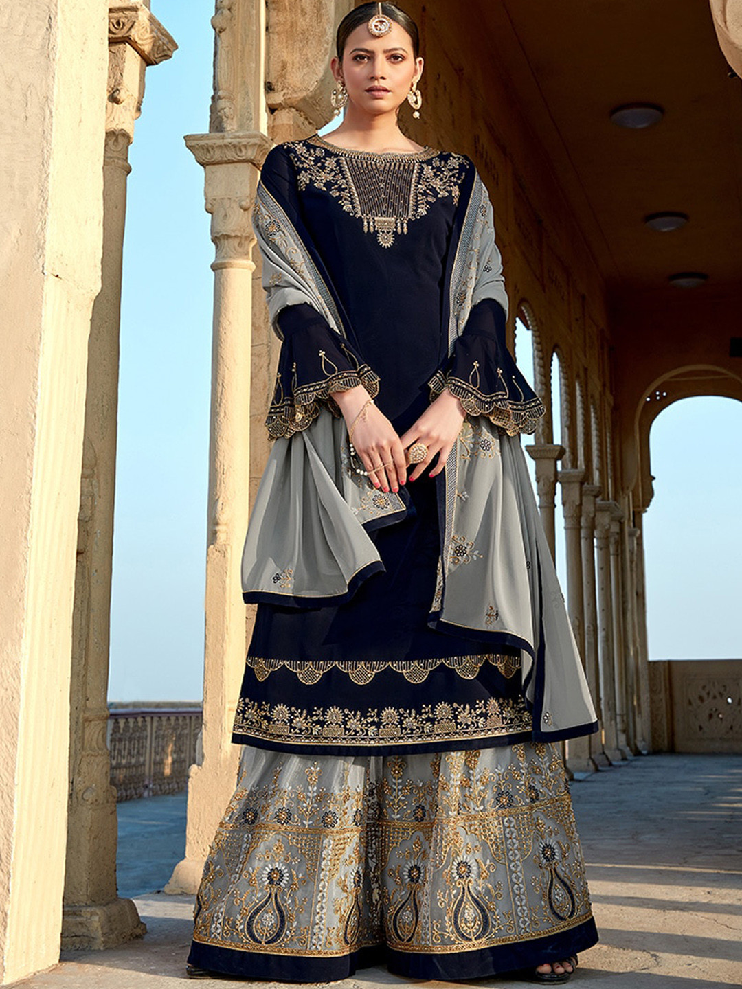 

KALINI Ethnic Motifs Embroidered Silk Georgette Kurta with Sharara & With Dupatta, Navy blue