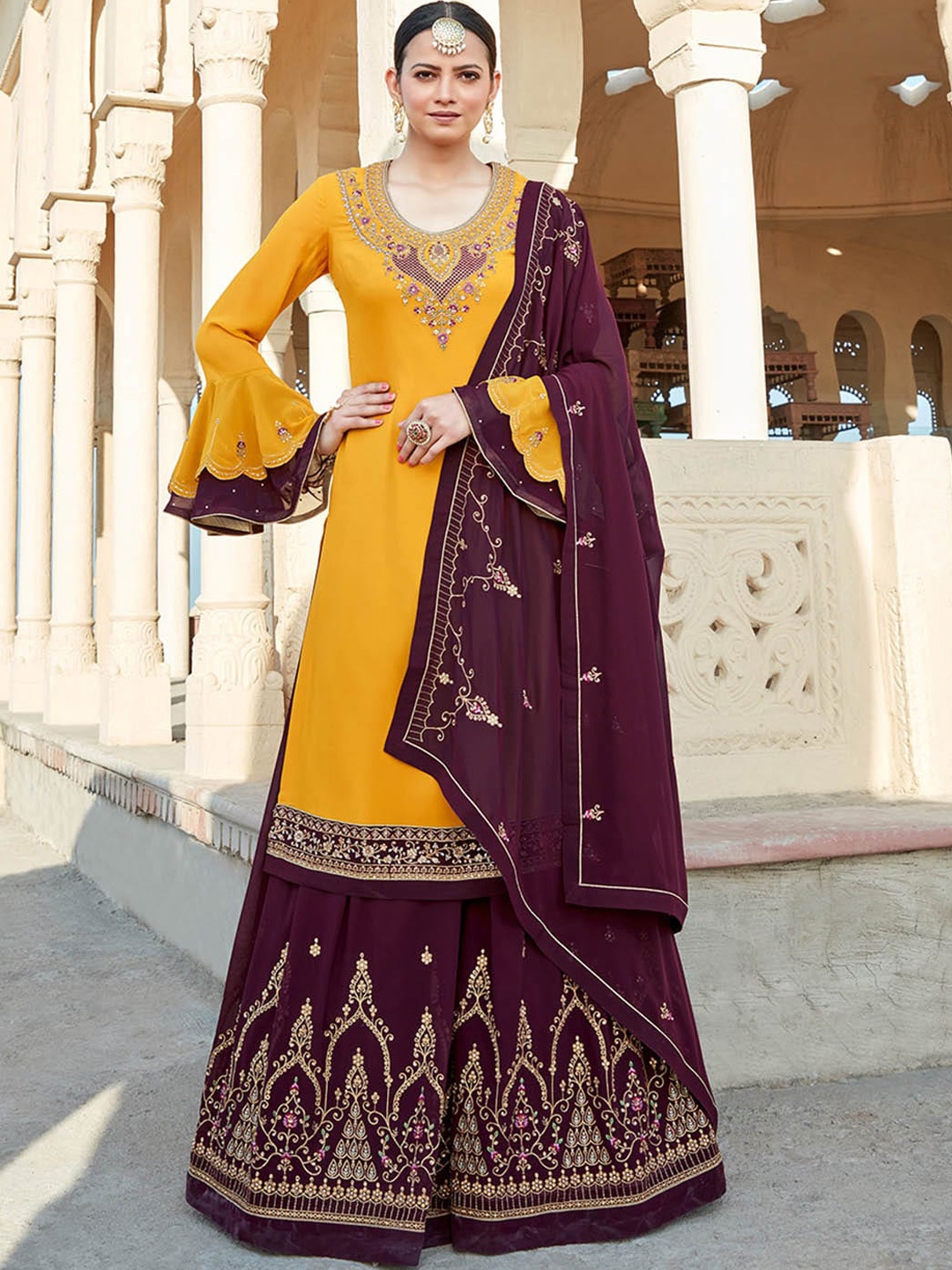 

KALINI Floral Embroidered Bell Sleeves Beads & Stones Kurta with Sharara & Dupatta, Yellow