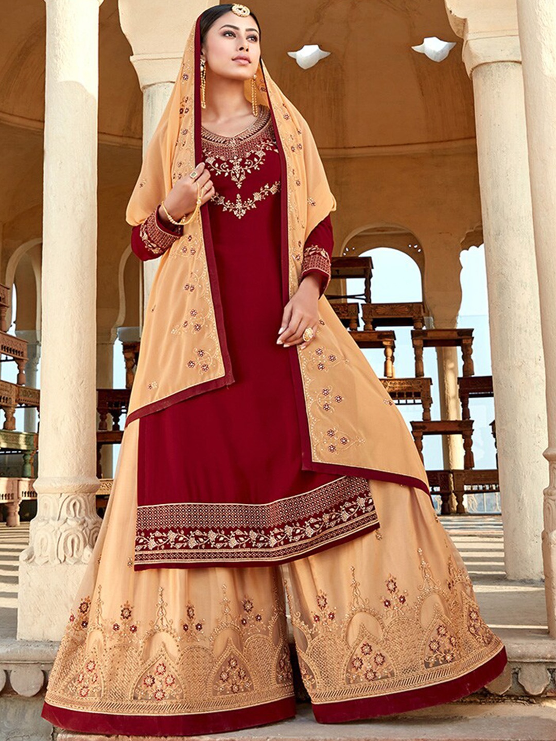 

KALINI Floral Embroidered Beads & Stones Silk Georgette Kurta with Sharara & Dupatta, Maroon