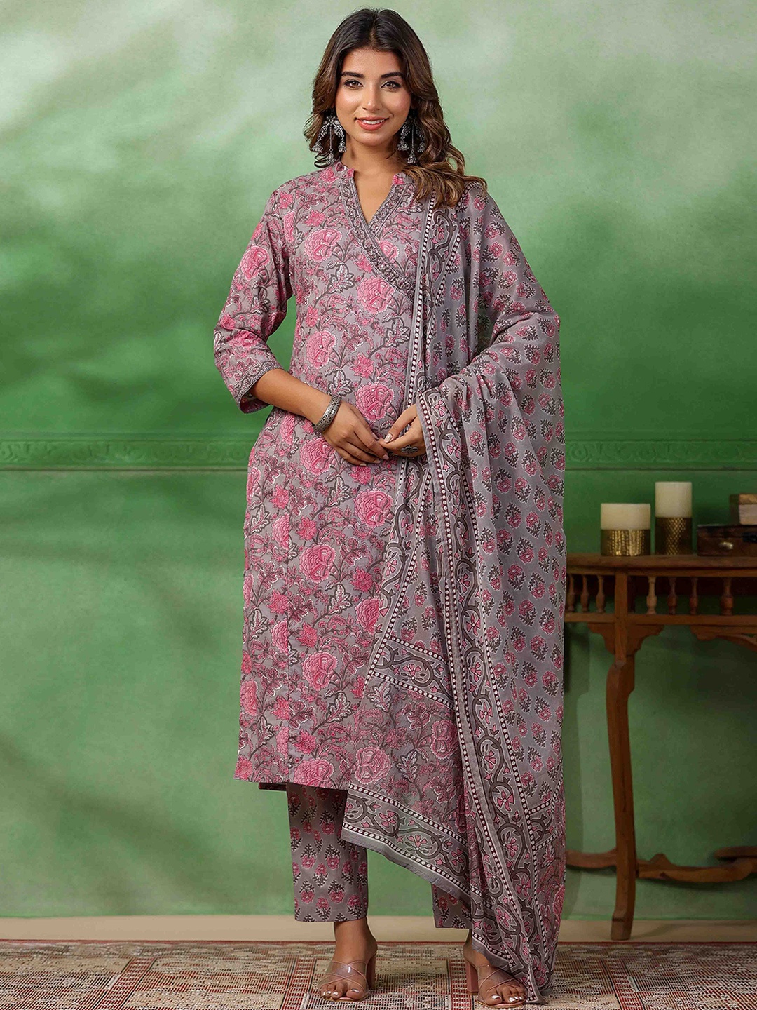 

Meena Bazaar Ethnic Motifs Printed Angrakha Thread Work Kurta with Trousers & With Dupatta, Grey