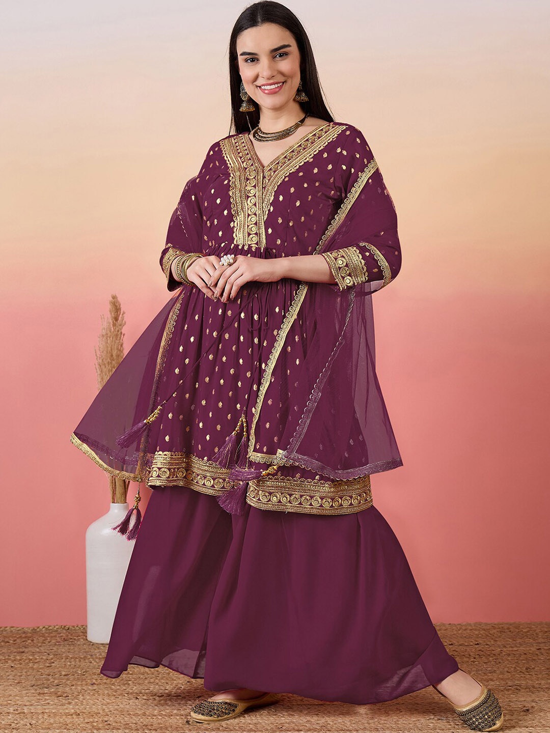 

BLACK SCISSOR Ethnic Motifs Embroidered Sequinned Pure Cotton Anarkali Pleated Kurta Set, Burgundy