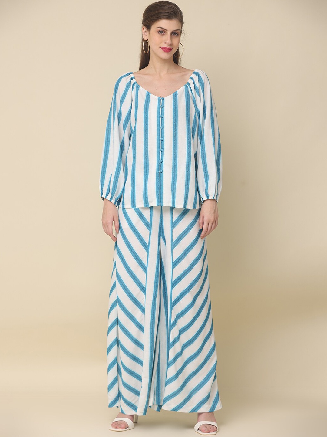 

Zolo Label Striped Top With Palazzo, Blue