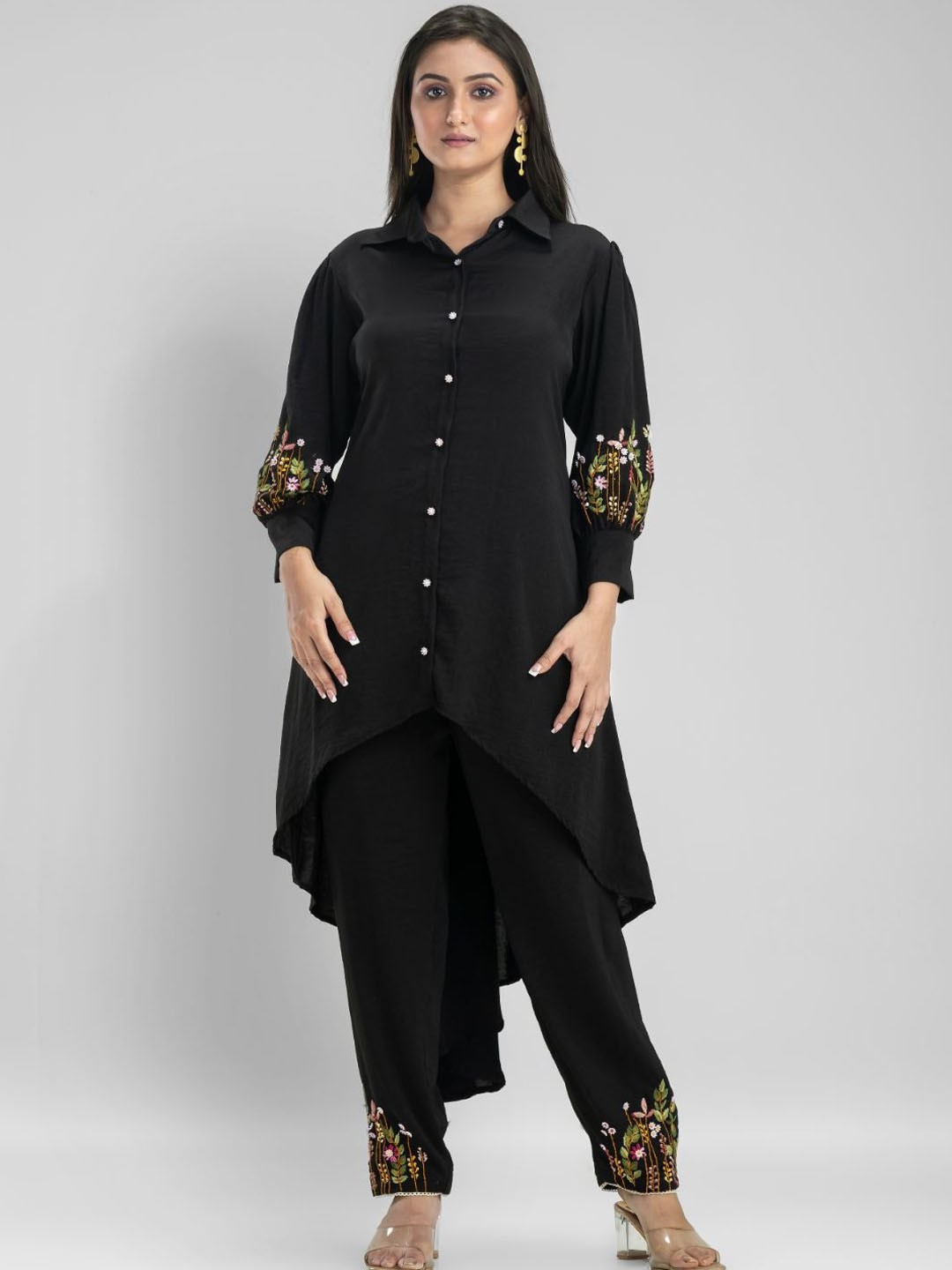 

Zolo Label Floral Embroidered High Low A-Line Kurta With Trouser, Black