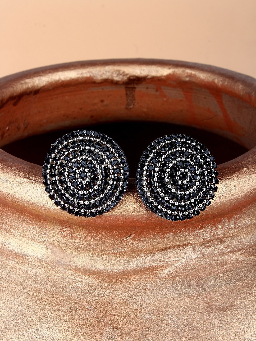 

DressBerry Black Silver Plated Rhinestone Circular Stud Earrings