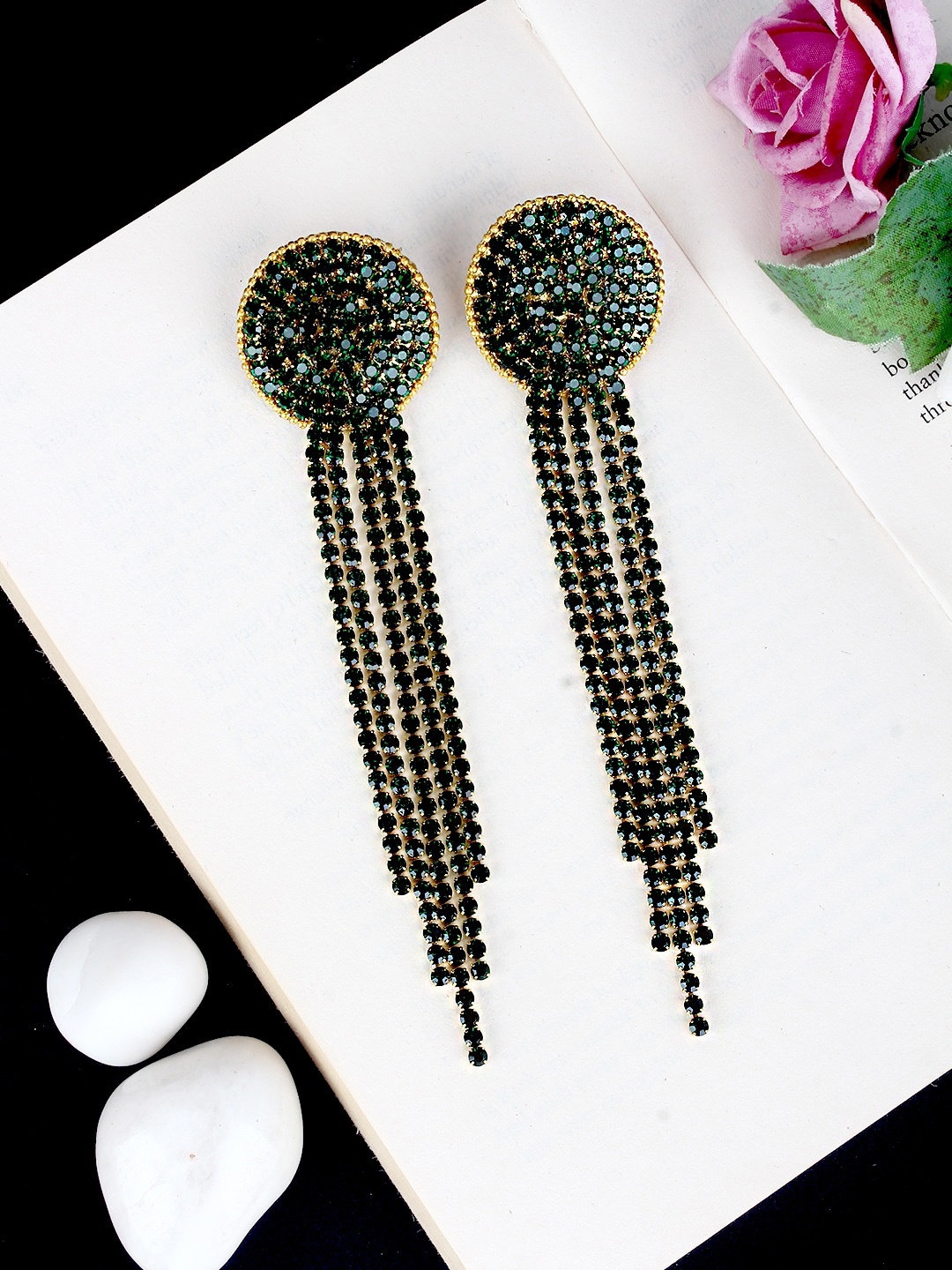 

DressBerry Green Stone Studded Gold-Plated Contemporary Drop Earrings