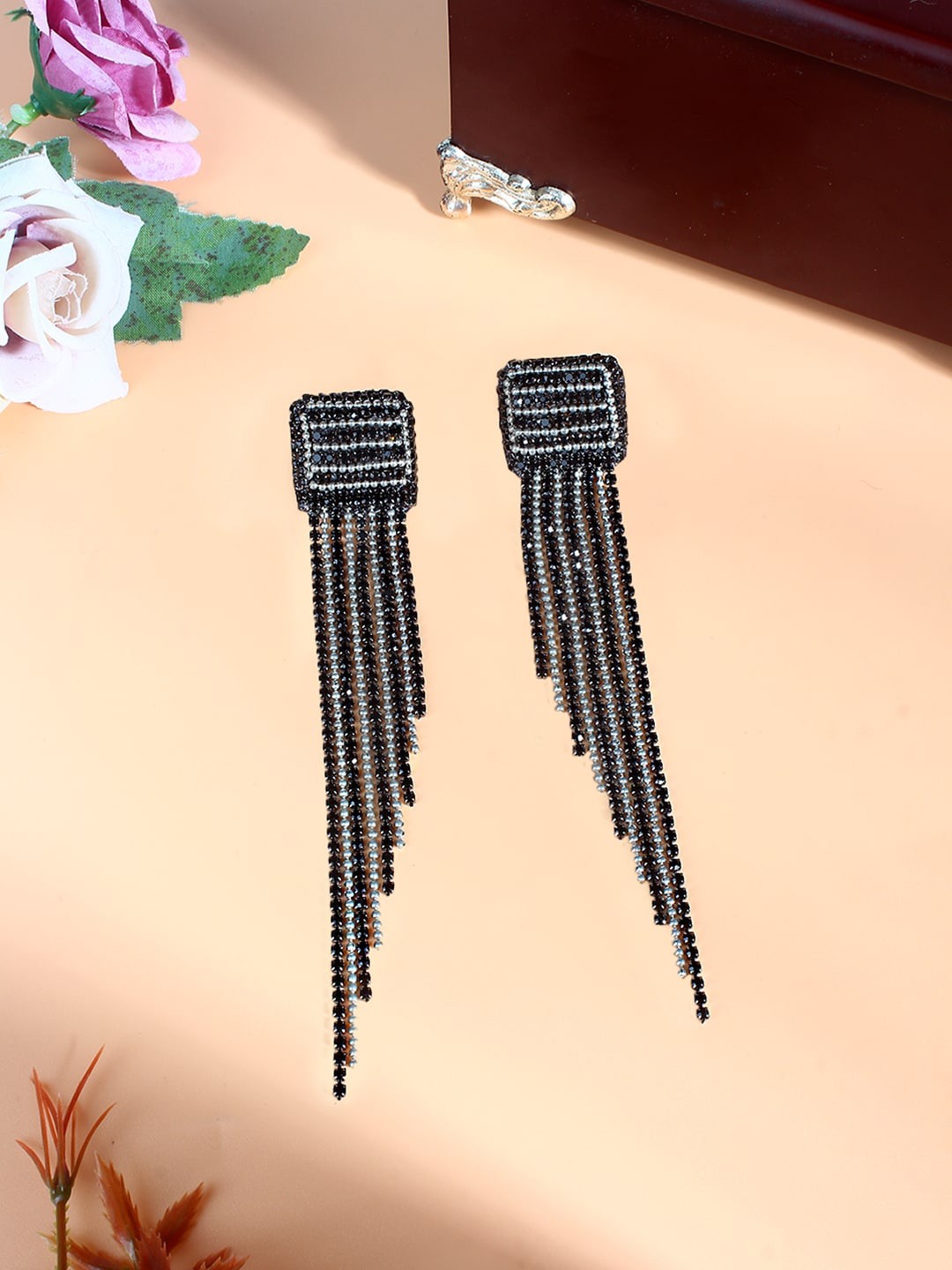 

DressBerry Silver-Plated Rhinestone Studded Contemporary Tasselled Drop Earrings
