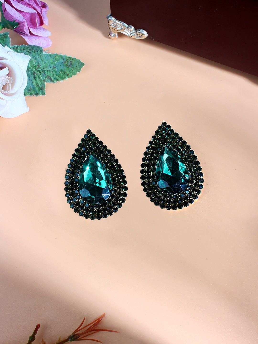 

DressBerry Green Silver-Plated Rhinestone-Studded Contemporary Studs Earrings