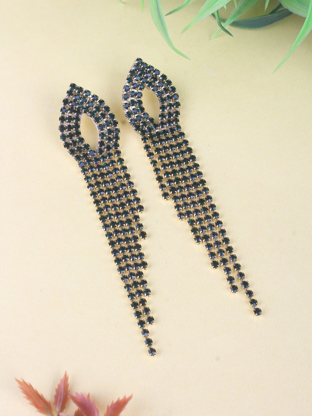 

DressBerry Gold-Plated Rhinestone Studded Brass Contemporary Tasselled Drop Earrings