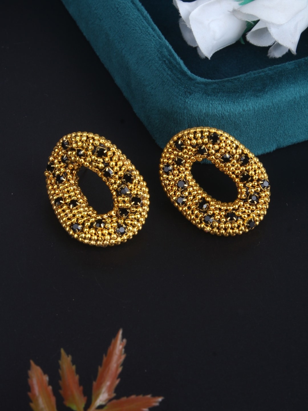 

DressBerry Black Gold-Plated Rhinestone-Studded Contemporary Studs Earrings