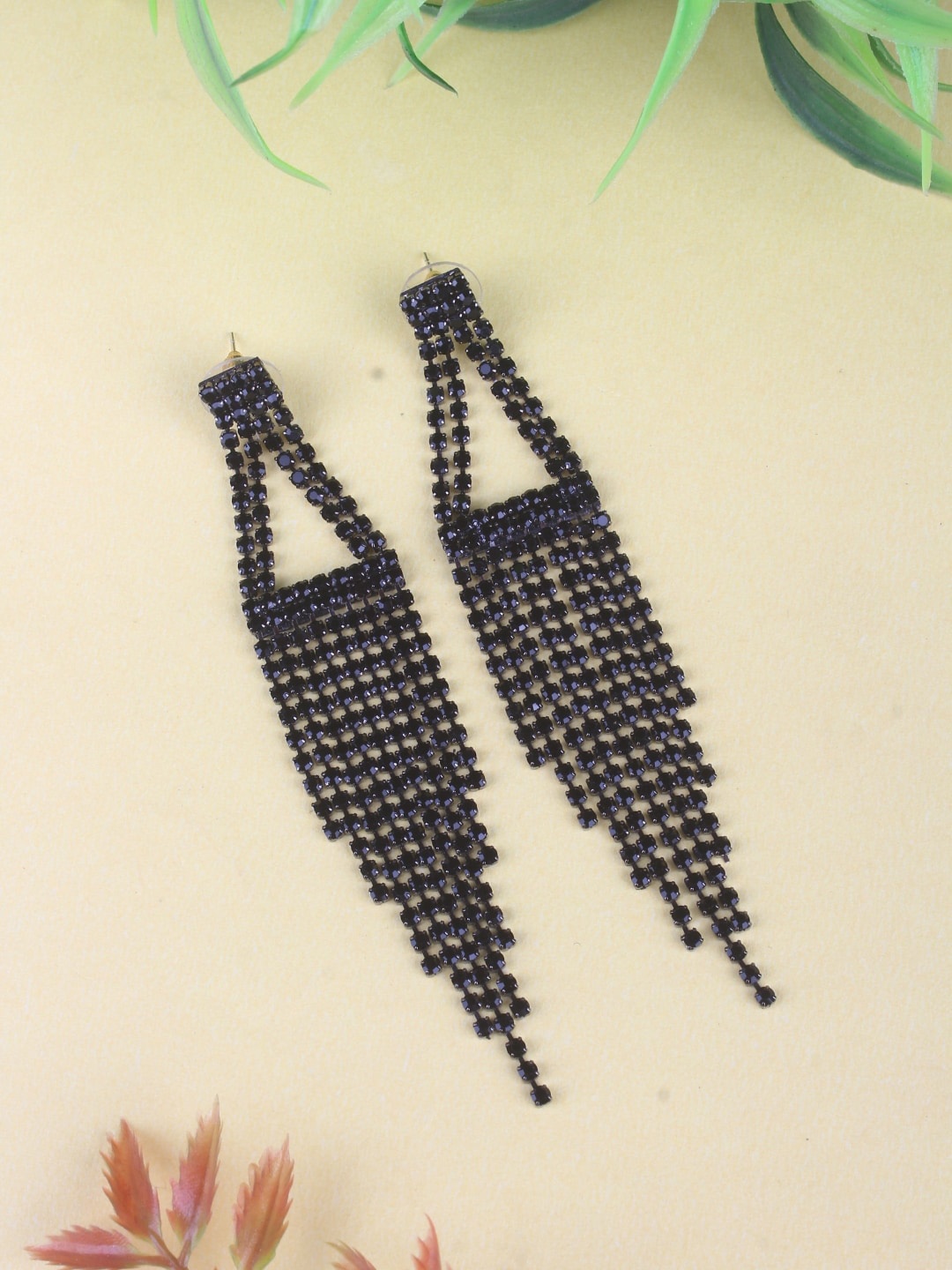 

DressBerry Black Brass-Plated Rhinestone Studded Brass Tasselled Drop Earrings